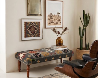Handmade kilim bench – Vintage Style Bedroom Footstool – Mediterranean Inspired Home Decor – Multi-Color Tribal Pattern Bench, wooden bench