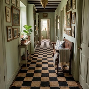 Può includere: Un lungo corridoio con un tappeto a scacchiera nero e beige. Le pareti sono dipinte di verde chiaro e decorate con opere d'arte incorniciate. Una panca in legno con un cuscino fantasia e una coperta si trova a destra. Un lampadario dorato pende dal soffitto.