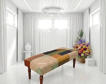 Banco de madera de yute de lana, banco plegable, alfombra, banco de yute indio hecho a mano, banco patchwork, asiento de banco de madera tapizado, muebles modernos de estilo bohemio