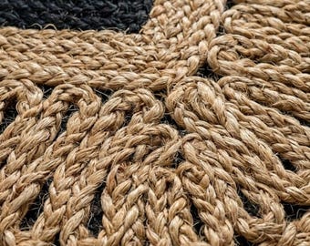 Handmade Braided Jute Rug, Black and Natural Border Area Jute Rug, Fringe Border Rug, Scalloped Border Jute Rug, Custom Size Rug, Scalloped