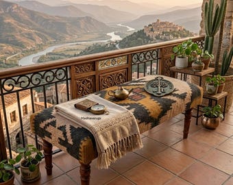 Handmade Wooden Bench with Kilim Upholstery, Moroccan Style Ottoman Bench, Boho Entryway Bench, Upholstered Footstool, Folding Bench