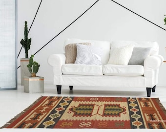 Woven Wool Jute Area Rug, Kilim Rug, Natural Fibre Boho Rug, Boho Home Decor Rug, Woven Jute Rug, Handmade Wool Jute Kilim Rug, Handmade Rug