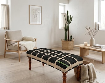 Banco tapizado de yute y lana tejido a mano - Diseño de tablero de ajedrez en blanco y negro, banco otomano minimalista con patrón de cuadrícula para sala de estar o dormitorio.