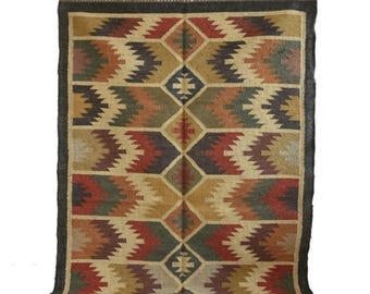 Handwoven Wool Jute Kilim Rug, Boho Natural Fiber Area Carpet, Rustic Farmhouse Floor Runner
