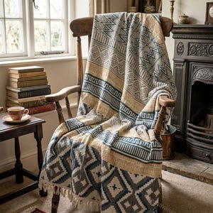 May include: A woven throw blanket featuring a repeating geometric pattern in shades of blue, grey, and cream. The textile displays horizontal bands of zigzags, diamonds, and linear motifs, finished with a fringed edge along the bottom hem.
