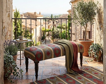 Handmade Kilim Upholstered Ottoman Bench - Vintage Jute Kilim Footstool with Hand-Turned Wooden Legs for Living Room & Bedroom, Paino Table