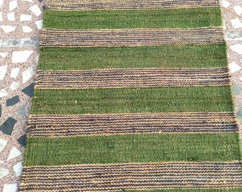 Beige Jute Runner Rug, Large Area Runner Rug, Handwoven Green Striped Jute Rug, Boho Natural Floor Decor