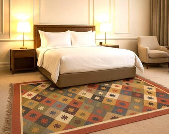 Handwoven Wool Jute Kilim Rug, Indian Natural Area Rug