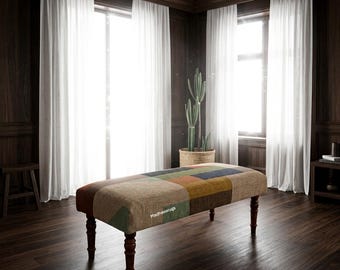 Premium Sheesham Wood Jute Fabric Bench - Traditional Rajasthani Style Indoor/Outdoor Sitting Settee, Handcrafted Patchwork Wooden Bench