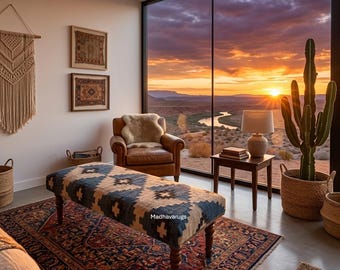 Handmade Kilim Jute Bench, Vintage Boho Style Ottoman, Entryway Bench with Wooden Legs-Rustic Kilim Upholstered Coffee Table and Living Room