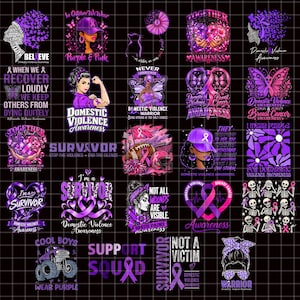 Könnte beinhalten: Eine Sammlung von fünfundzwanzig digitalen Grafikdesigns mit violetten und rosa Themen zur Sensibilisierung für häusliche Gewalt und Brustkrebs, einschließlich Illustrationen von Schleifen, Schmetterlingen, Skeletten und motivierenden Texten.