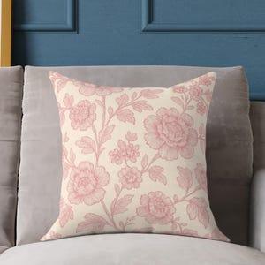 Vintage Pink Floral Pillow: Toile de Jouy Cottagecore Decor