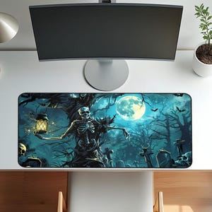Skeleton Graveyard Halloween Desk Mat: Spooky Office Decor