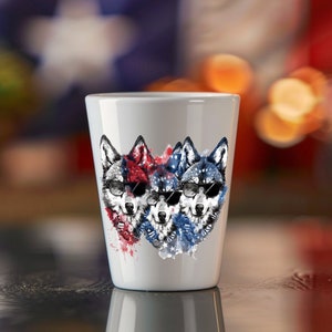 Patriotic Wolf Shot Glass 1.5oz Ceramic USA Aesthetic Drinkware for 4th of July Independence Day Barbecue Party Favor Red White Blue