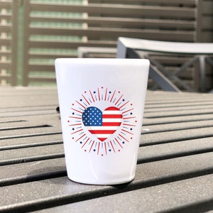 Patriotic Heart Shot Glass, 1.5oz Ceramic USA Flag Design, 4th of July Barware, Independence Day Party Favor, Red White Blue Fireworks