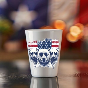 Patriotic Polar Bear Shot Glass 1.5oz Ceramic Drinkware for 4th of July, Independence Day, USA Aesthetic Party Favor, Red White Blue Glass