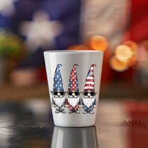 Patriotic Gnomes Shot Glass, Ceramic 1.5oz Drinkware, 4th of July Party Favor, USA Aesthetic, Independence Day Gift, Gnome Lovers gift