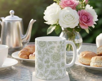 Green Toile de Jouy Coffee Mug, Botanical Floral Ceramic Cup