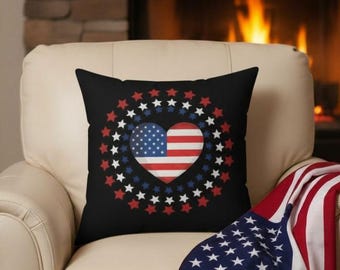 Patriotic 4th of July Pillow, Red White Blue Heart Stars, American Flag Couch Decor
