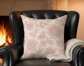 Pink Toile de Jouy Pillow, Cottagecore Floral Couch Decor