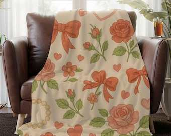 Rose Bow Coquette Sherpa Blanket: Vintage Velveteen Floral Throw