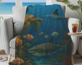 Marine Ocean Life Sherpa Blanket: Nautical Velveteen Throw