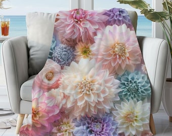 Pastel Dahlias Sherpa Blanket: Floral Velveteen Couch Throw