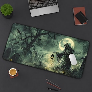 Gothic Halloween Desk Mat: Grim Reaper Graveyard Scene Mouse Pad