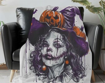 Gothic Clown Witch Sherpa Blanket: Creepy Halloween Velveteen Throw