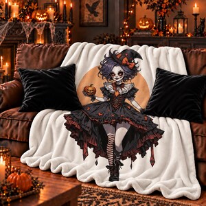 Gothic Clown Witch Sherpa Blanket, Creepy Clowncore Doll Halloween Velveteen Throw