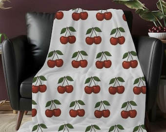 Cherries Pattern Sherpa Blanket, Plush Velveteen Throw