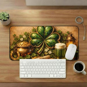 May include: A St. Patrick's Day themed desk mat featuring a large green shamrock, a pot of gold, a pint of green beer, and a lantern. A white wireless keyboard and mouse are also on the wooden desk.