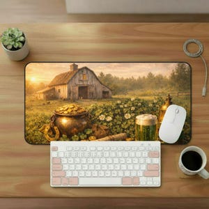 May include: A St. Patrick's Day themed desk mat featuring a barn scene, a pot of gold, a horseshoe, and a glass of beer. A white keyboard, mouse, and a cup of coffee are also on the desk.