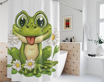 Kids Frog Daisies Shower Curtain, Amphibian Bathroom Bathtub Backdrop Decor, Frog Lovers Gift