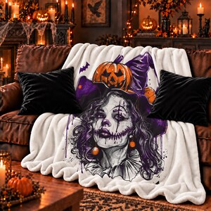 Gothic Clown Witch Sherpa Blanket: Creepy Halloween Velveteen Throw
