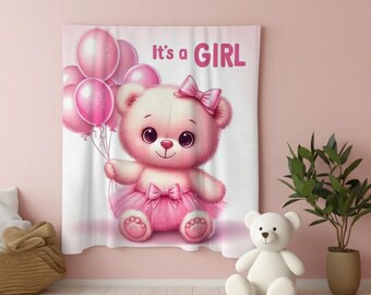 Personalized Baby Girl Bear Blanket, Pink Baby Shower Gift, Nursery Decor