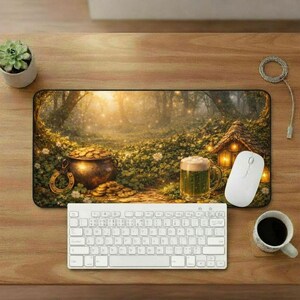 May include: A rectangular mousepad with a forest scene, a pot of gold, and a mug of green beer. A white keyboard, mouse, and a cup of coffee are on a wooden desk. A small succulent plant is in a white pot.