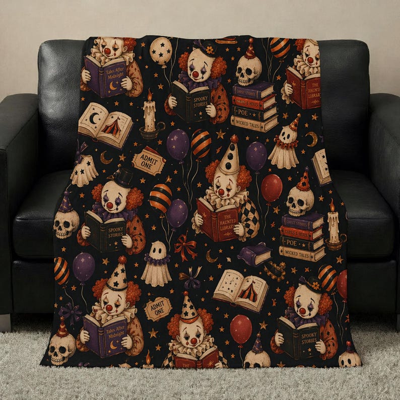 Vintage Halloween clown reading blanket with red‑haired clowns holding spooky books, skulls, candles, tickets, ghosts, stars, and balloons on a black background; available in ultra‑plush sherpa or smooth velveteen styles and in 50x60 and 60x80 inch sizes