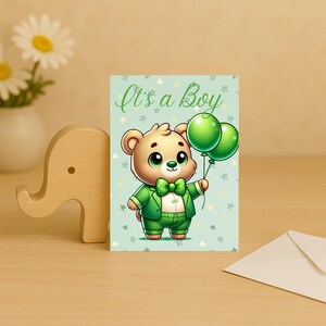 Teddy Bear Baby Shower Cards: Boy Birth Announcement, Green Suit