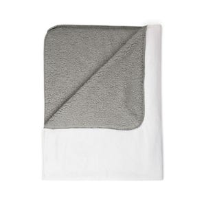 May include: A folded blanket with a white exterior and a gray, textured interior. The blanket is made of a soft material and is designed for comfort and warmth. The blanket is folded to display the contrasting colors and textures.