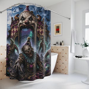 May include: A shower curtain featuring a nightmarish circus scene. The design includes a large, ominous clown face as the entrance to a haunted carnival, with zombie clowns and a dark, foreboding atmosphere. The color palette is dark with shades of purple, blue, and gray.