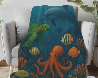 Kids Marine Life Sherpa Blanket, Youth Underwater Nautical Velveteen Throw Gift