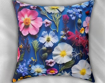 Blue Spring Floral Design Square Polyester Pillow, Trendy Spring Flower Cushion, Floral Home Decor