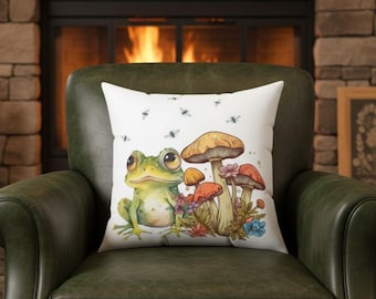 Cottagecore Frog and Mushroom Pillow: Vintage Country Couch Throw Decor
