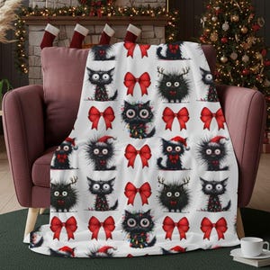 Christmas Cat Bows Sherpa Blanket: Holiday Cat Lovers Velveteen Throw