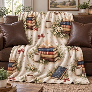 Patriotic Bookish Coffee Sherpa Blanket, Book Lovers Velveteen Throw