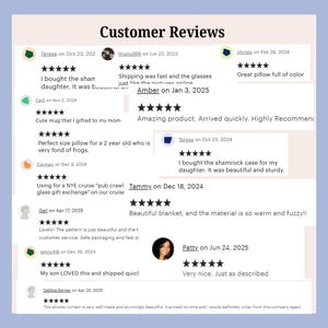 May include: A light blue background with the text "Customer Reviews" in black. Customer reviews are displayed with star ratings and comments about various products, including pillows, mugs, and blankets.