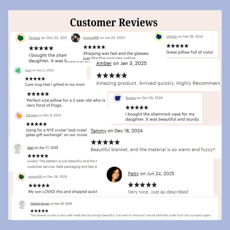 May include: A light blue background with the text "Customer Reviews" in black. Customer reviews are displayed with star ratings and comments about various products, including pillows, mugs, and blankets.