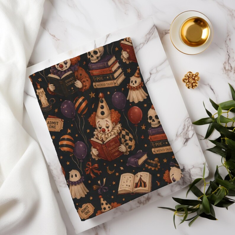 Vintage Halloween clown reading blanket with red‑haired clowns holding spooky books, skulls, candles, tickets, ghosts, stars, and balloons on a black background; available in ultra‑plush sherpa or smooth velveteen styles and in 50x60 and 60x80 inch sizes