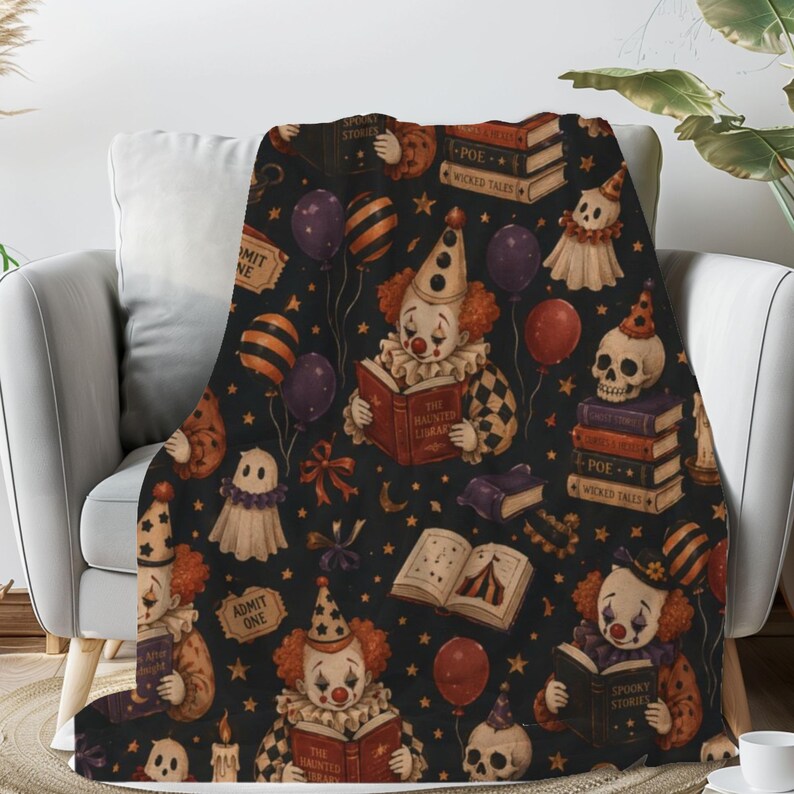 Vintage Halloween clown reading blanket with red‑haired clowns holding spooky books, skulls, candles, tickets, ghosts, stars, and balloons on a black background; available in ultra‑plush sherpa or smooth velveteen styles and in 50x60 and 60x80 inch sizes